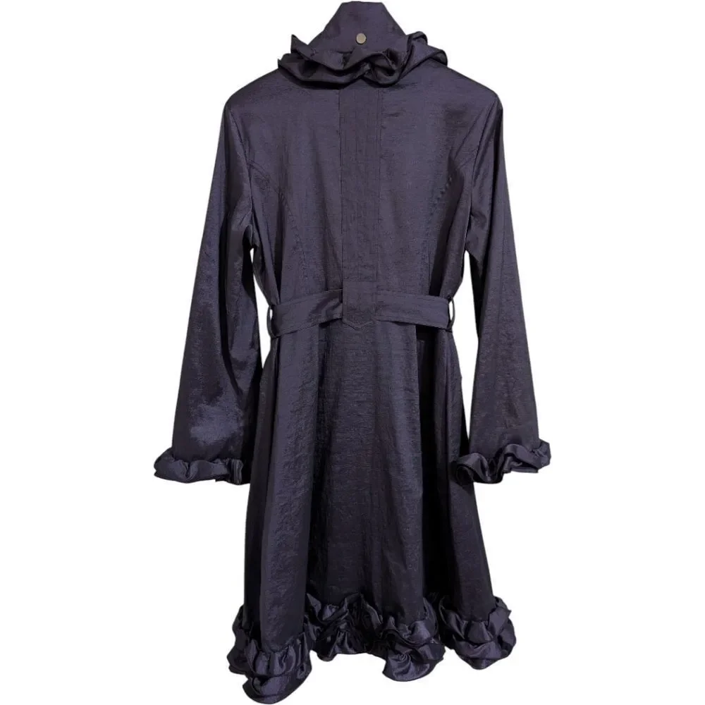 Belle Fare Purple Ruffled Trench Coat Belted with Leopard Lining Women's Medium
